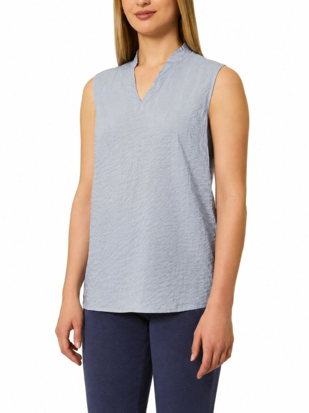 Modern Ambition Sleeveless Ruffle Collar Top Small EcoVero Blue